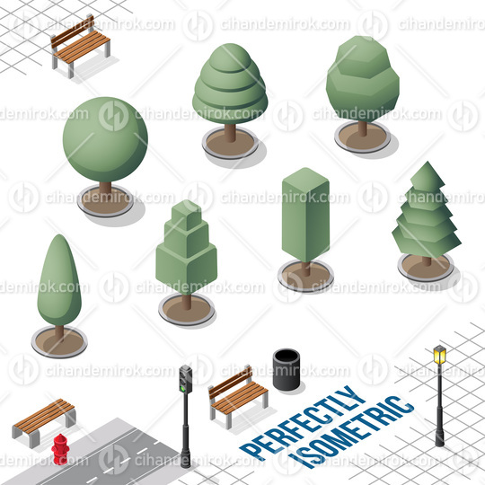 Isometric Trees Set 33 isolated on White