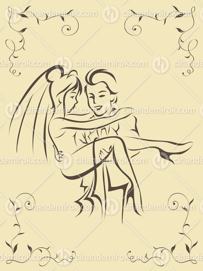 Just Married Happy Bride and Groom on Beige Paper 