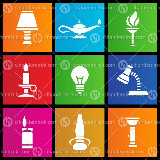 Light Sources and Various Lamp Icons on Colorful Square Shapes