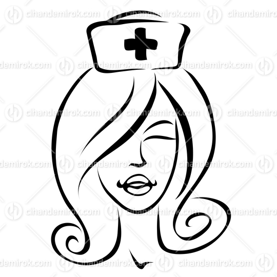 Line Art Cartoon of a Friendly Smiling Nurse