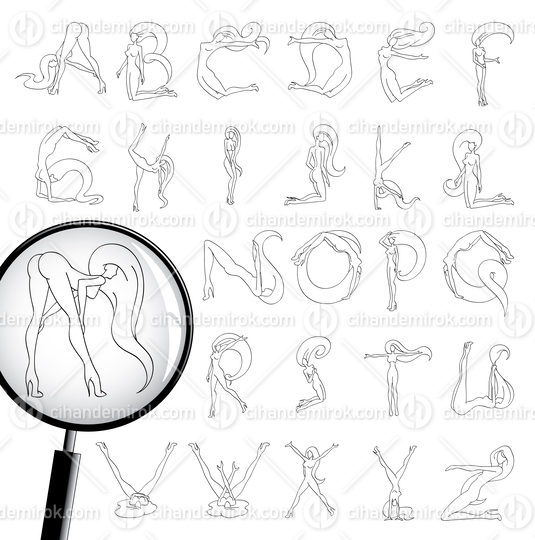 Line Art Font of an Attractive Girl with Letters of English Alphabet