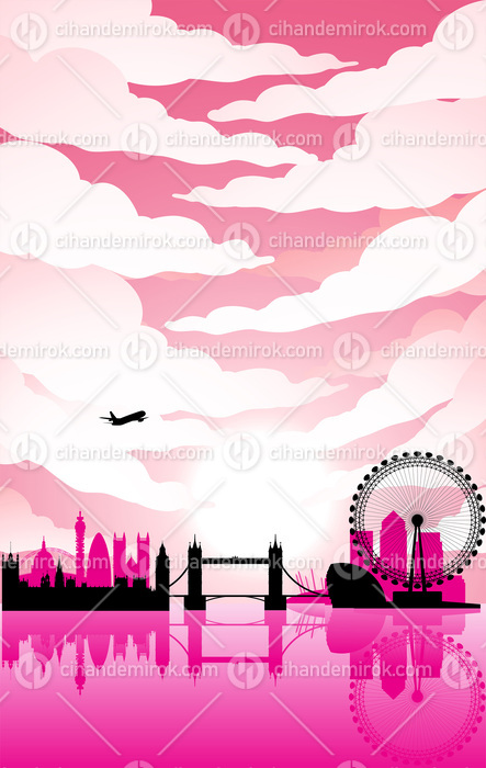 London Landmarks Under a Pink Sunny and Cloudy Sky