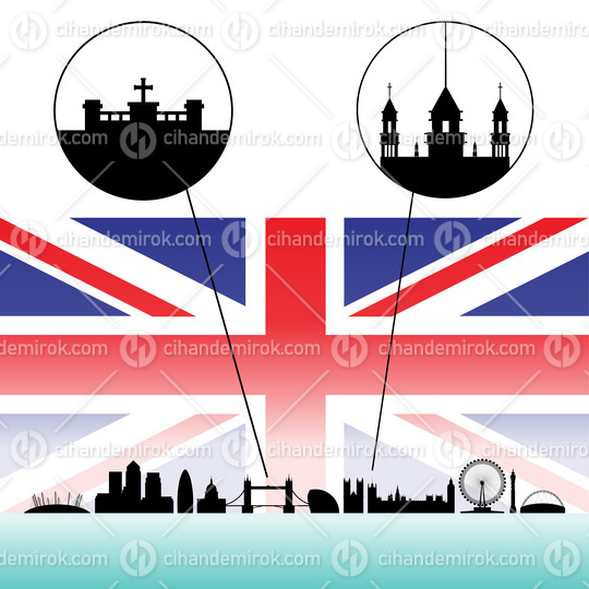 London Landmarks with Extreme Details Over Union Jack Flag