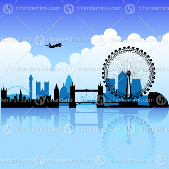 London Skyline on a Bright Cloudy Day with a Plane in the Sky