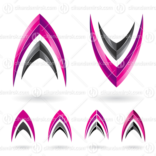 Magenta and Black Abstract Fishbone Shaped Icons for Letters A and V
