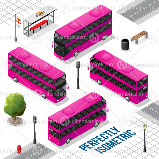 Magenta and Black Double Decker Isometric Bus from the Front Bac