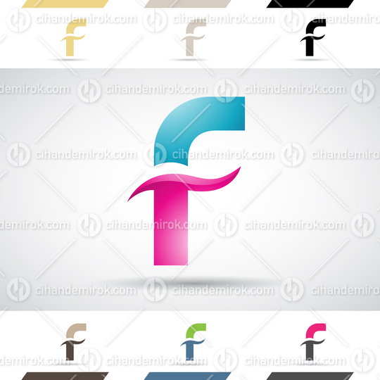 Magenta and Blue Abstract Glossy Logo Icon of Letter F with Wavy Lines
