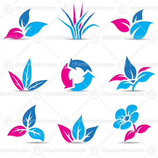 Magenta and Blue Grass and Leaves Icons with Recycling Symbol