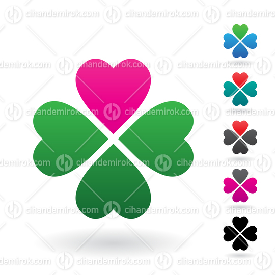 Magenta and Green Abstract Icon of Heart Shaped Four Leaf Clover