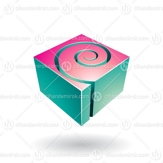 Magenta and Green Cubical Shiny Shape with a Spiral Hole