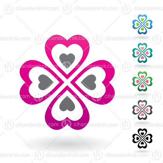 Magenta and Grey Abstract Icon of Heart Shaped Four Leaf Clover