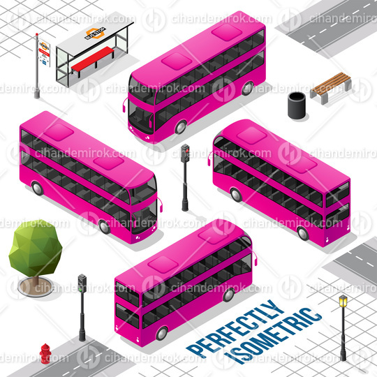 Magenta Double Decker Isometric Bus from the Front Back Right an