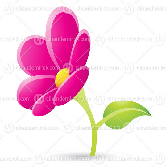 Magenta Flower with Green Leaf Cartoon Icon