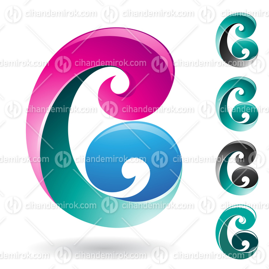 Magenta Green and Blue Layered Letter C or B Icon with Curled Tips