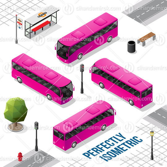 Magenta Isometric Bus from the Front Back Right and Left