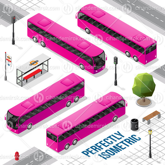 Magenta Long Isometric Bus from the Front Back Right and Left