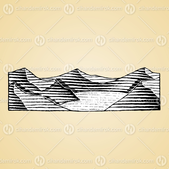 Mountains and Sea, Black and White Scratchboard Engraved Vector