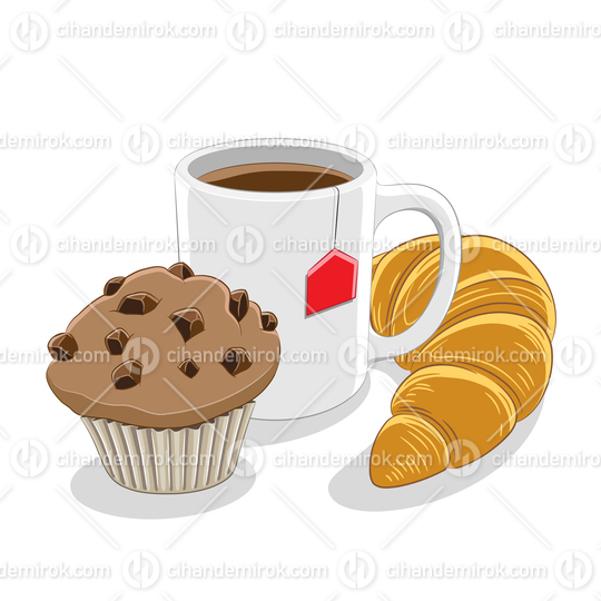 Muffin Coffee Mug and Croissant Breakfast Vector Illustration