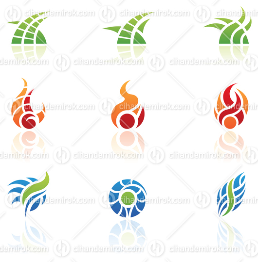 Nature Icons of Fire, Grass and Water