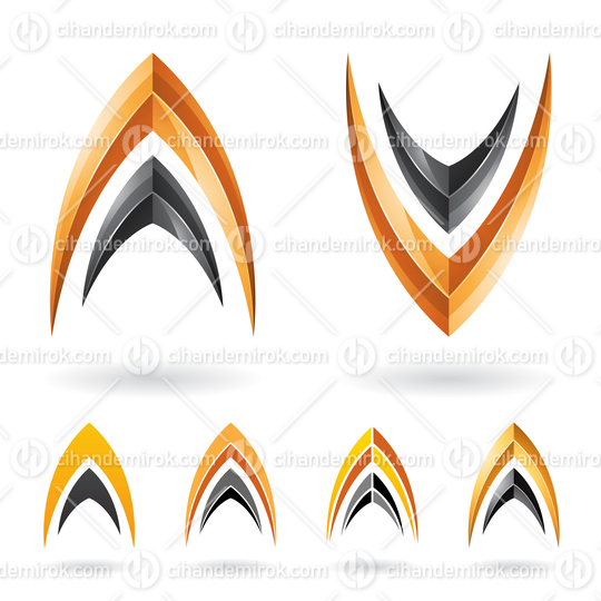 Orange and Black Abstract Fishbone Shaped Icons for Letters A and V