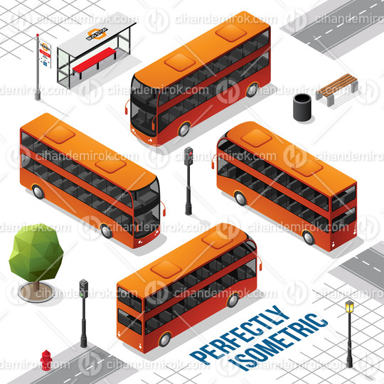 Orange and Black Double Decker Isometric Bus from the Front Back