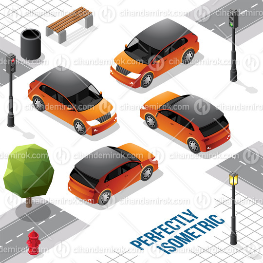 Orange and Black Isometric Hatchback Car from Front Back Right a