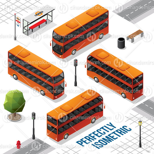 Orange Double Decker Isometric Bus from the Front Back Right and