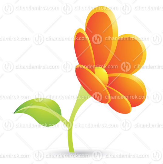 Orange Flower with Green Leaf Cartoon Icon