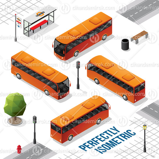 Orange Isometric Bus from the Front Back Right and Left