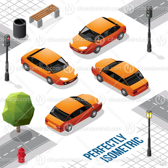 Orange Isometric Car from Front Back Right and Left