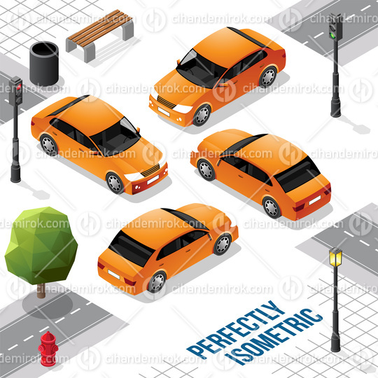 Orange Isometric Long Car from Front Back Right and Left