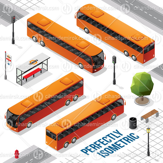 Orange Long Isometric Bus from the Front Back Right and Left