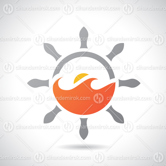 Orange Sea Waves with Grey Ship Helm and The Sun Icon