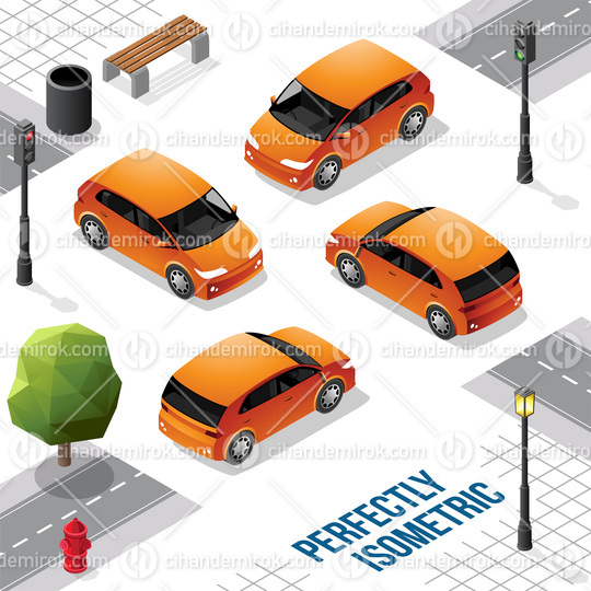 Orange Small Isometric Car from Front Back Right and Left