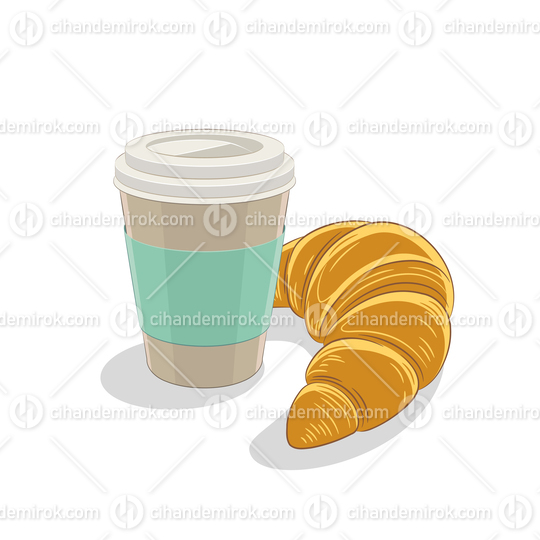 Paper Coffee Cup and Croissant Breakfast Vector Illustration