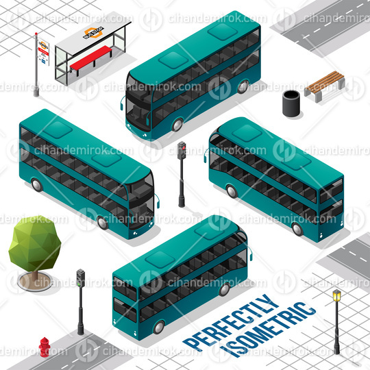Persian Green and Black Double Decker Isometric Bus from the Front Back Right and Left