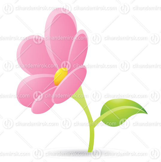Pink Flower with Green Leaf Cartoon Icon