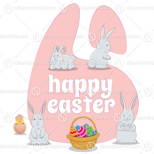 Pink Happy Easter Background with 4 Bunnies a Chick and Eggs Basket