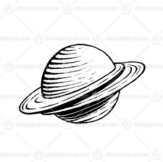 Planet Saturn with Rings, Scratchboard Engraved Vector