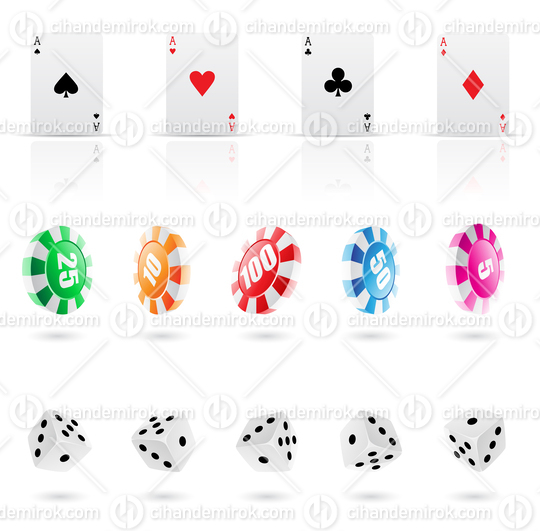 Playing Card Aces, Roulette Chips and Dice Icons