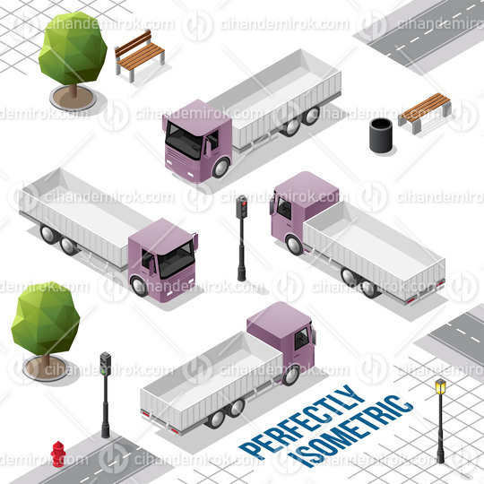 Purple Isometric Truck from the Front Back Right and Left Views