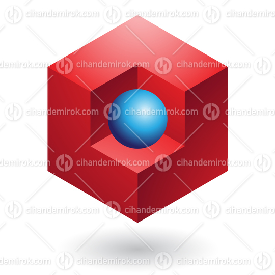 Red Abstract Cube Logo Icon with a Small Blue Sphere in the Middle 