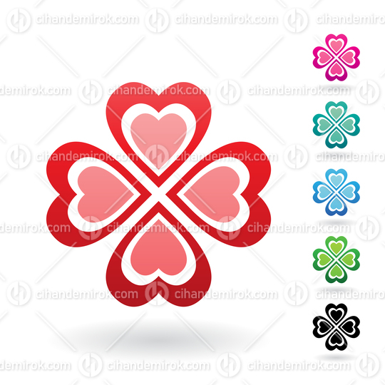 Red Abstract Icon of Heart Shaped Four Leaf Clover