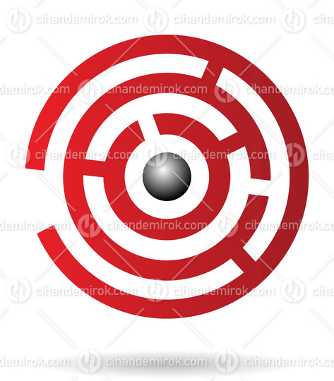 Red Abstract Maze Logo Icon with a Black Ball in the Center