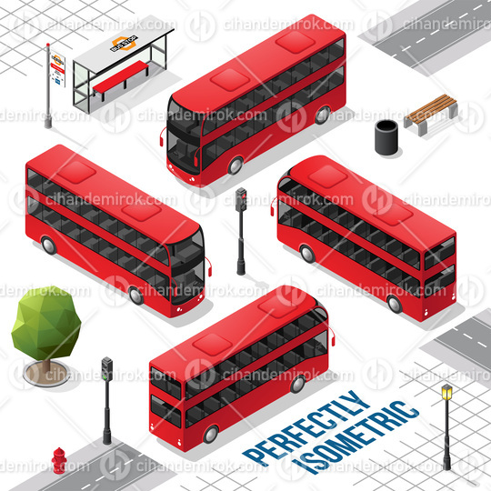 Red and Black Double Decker Isometric Bus from the Front Back Right and Left