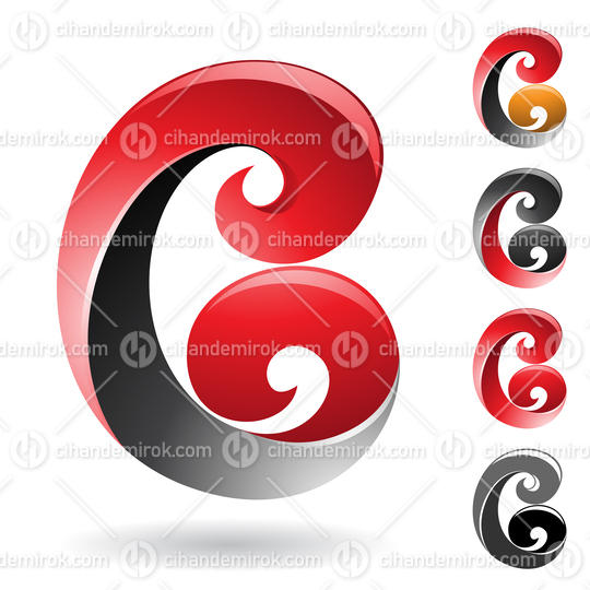 Red and Black Layered Letter C or B Icon with Curled Tips