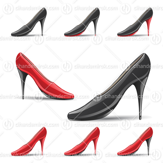 Red and Black Shiny Shoes with Pointed High Heels