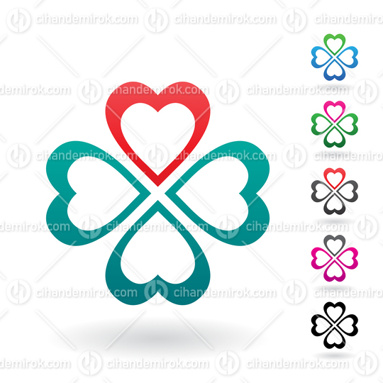 Red and Green Abstract Icon of Heart Shaped Four Leaf Clover