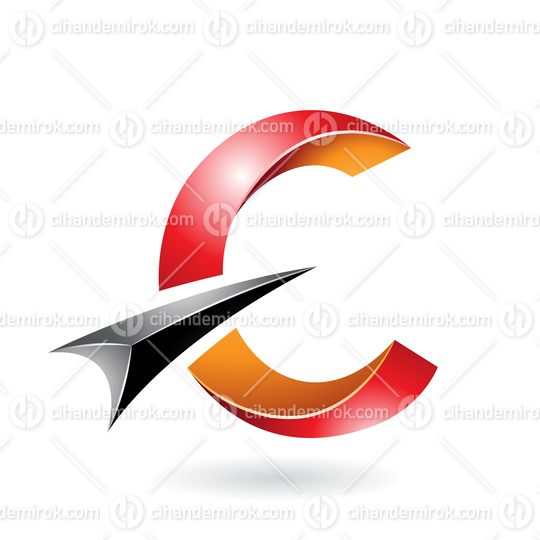 Red and Orange Shiny Twisted Letter C Icon with a Black Glossy Arrow