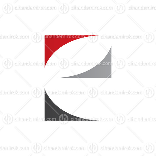 Red Black and Grey Lowercase Letter E Icon with Curvy Triangles